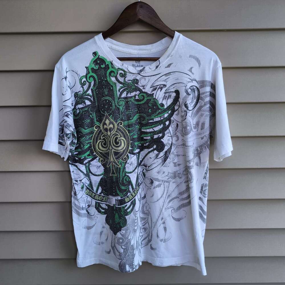 CJ Black Y2K Graphic Tee Mens L White Green Patron Saint Gothic Print